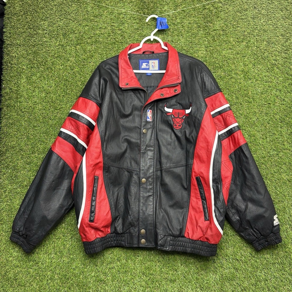 Vintage Chicago Bulls Starter Leather Jacket Mens XL Black Red Full Zip Heavy